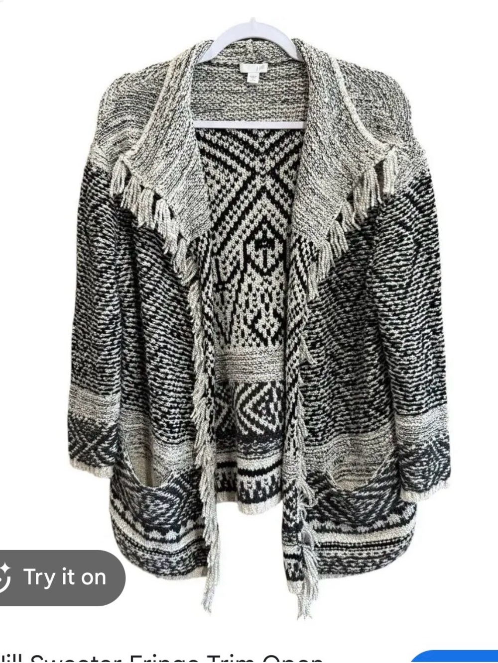 J. Jill Black & Ivory Cream Fringed Open-Front Wool Blend Cardigan Fringe XL - Picture 2 of 7